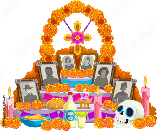 Cartoon day of the dead dia de los muertos mexican ofrenda altar adorned with traditional marigolds, candles, skulls and framed photos, it reflects the rich cultural heritage and ancestral remembrance