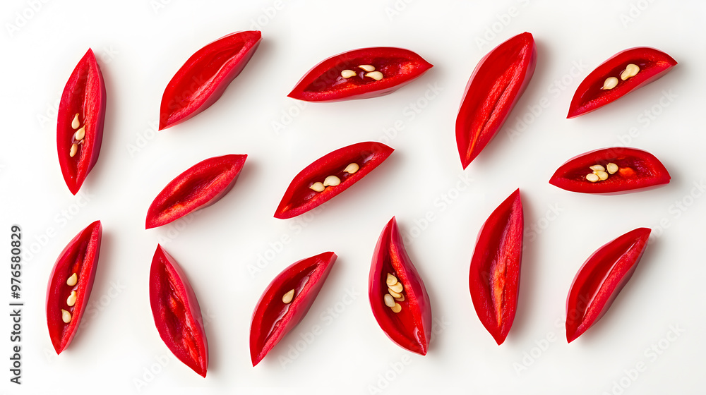 Minimalistic flat-lay of sliced red chili peppers on white background, clean and fresh Minimalistic flat-lay of sliced red chili peppers on white background, clean and fresh