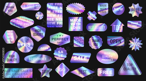 Hologram gradient stickers, y2k iridescent labels. Vector set of holographic patches or tags featuring various shapes and phrases, offer a retro and futuristic aesthetic for promotions and sales