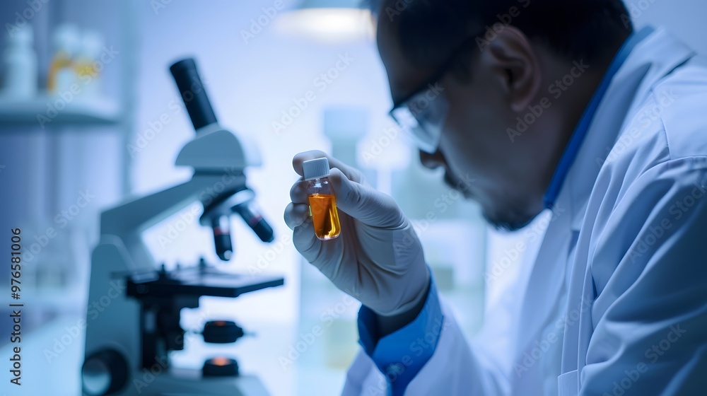 Scientist in lab coat holding vial of experimental drug, with microscope and scientific equipment, symbolizing drug trials and medical research process. Scientist in lab coat holding vial of experimental drug, with microscope and scientific equipment, symbolizing drug trials and medical research process.