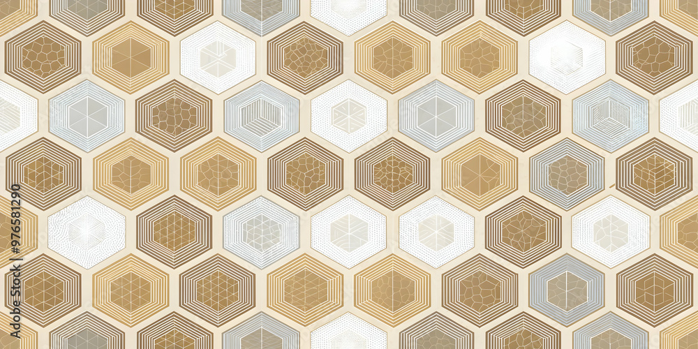 Golden Honeycomb Harmony: A seamless geometric pattern of warm-toned hexagons for backgrounds and textures. Golden Honeycomb Harmony: A seamless geometric pattern of warm-toned hexagons for backgrounds and textures.
