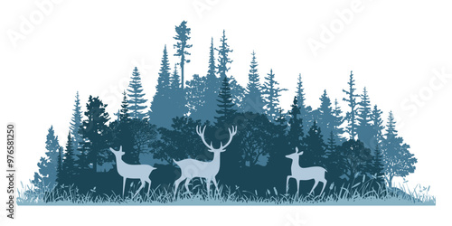 Silhouette of a forest, deer in the forest, isolated on white background