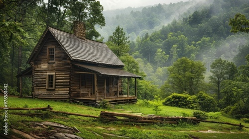 A historic cabin nestled in the Appalachian Mountains with a lush landscape