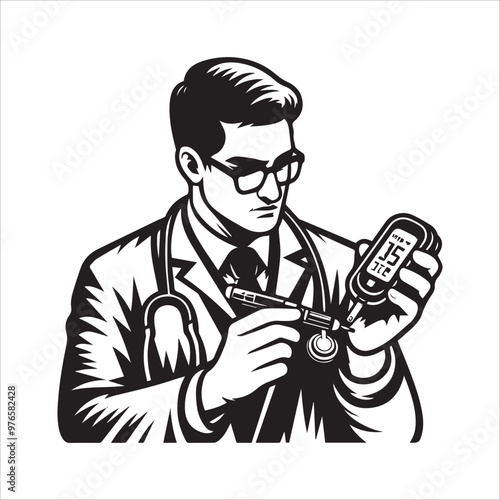 Doctor checking blood sugar level with glucometer vector illustration silhouette