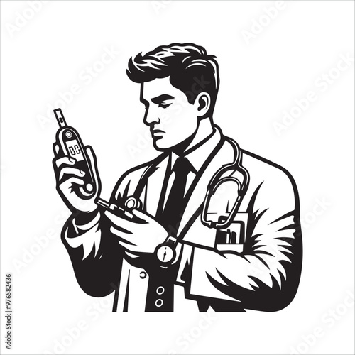 Doctor checking blood sugar level with glucometer vector illustration silhouette