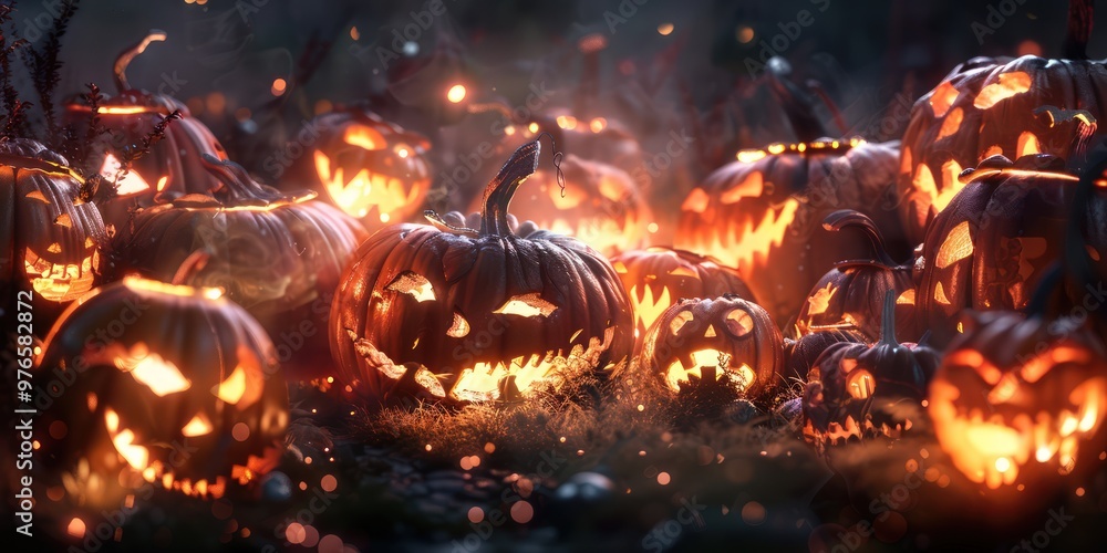 Terrifying pumpkins with wicked grins, bathed in a sinister rose-gold light on a dark Halloween night. Terrifying pumpkins with wicked grins, bathed in a sinister rose-gold light on a dark Halloween night.