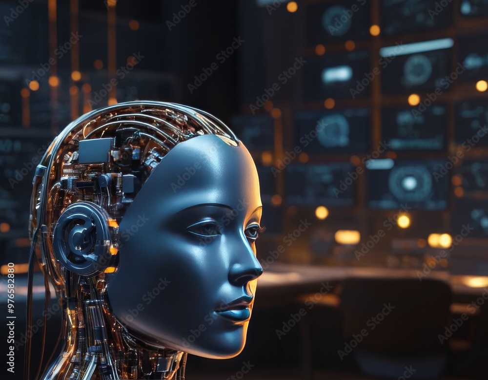 A woman's head is made of metal and is surrounded by computer monitors A woman's head is made of metal and is surrounded by computer monitors
