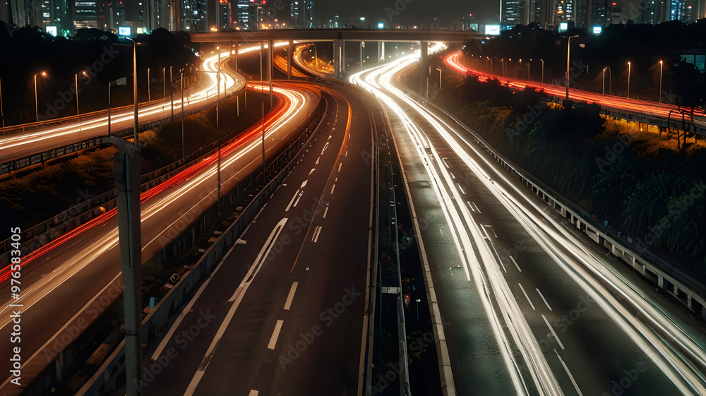 Aerial View of Highway Traffic Jam: Speeding Light Trails and Expressway Junctions in a Metropolis at Night Aerial View of Highway Traffic Jam: Speeding Light Trails and Expressway Junctions in a Metropolis at Night