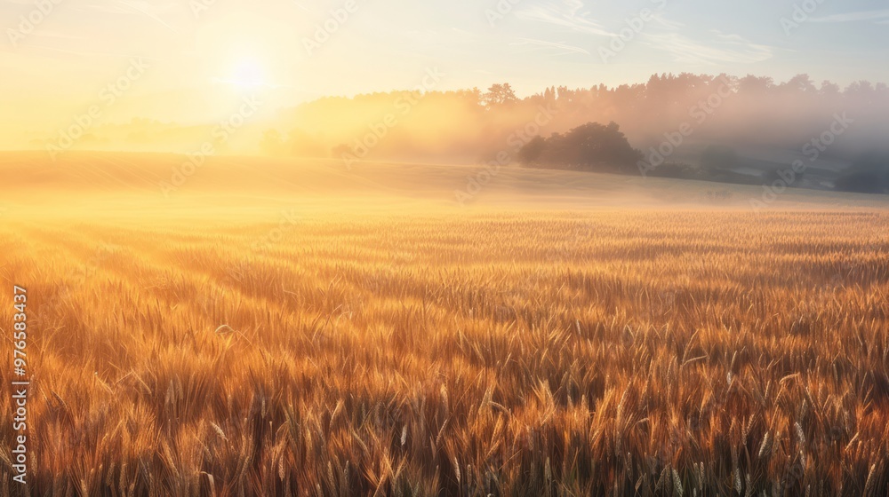 fog covering a golden field of wheat during golden hour, with the sun casting a warm glow on the landscape and creating a peaceful and idyllic scene, with copy space for text fog covering a golden field of wheat during golden hour, with the sun casting a warm glow on the landscape and creating a peaceful and idyllic scene, with copy space for text