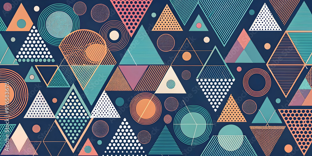 Abstract Geometric Pattern: A vibrant and modern abstract pattern featuring a mix of geometric shapes in a variety of colors against a deep blue background. The design is perfect for creating a contem Abstract Geometric Pattern: A vibrant and modern abstract pattern featuring a mix of geometric shapes in a variety of colors against a deep blue background. The design is perfect for creating a contem