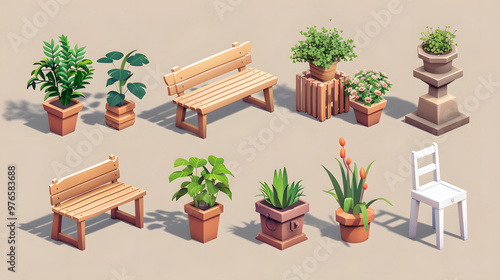 Garden Bench isometric garden elements 3D cartoon