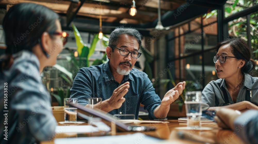 A man discussing strategy and planning with colleagues around a conference table. A man discussing strategy and planning with colleagues around a conference table.