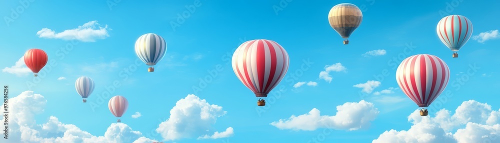 Obraz premium Colorful Hot Air Balloons Flying in Blue Sky with White Clouds