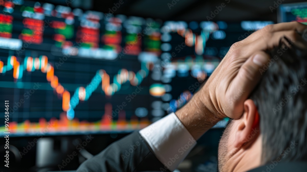 Close-up of a businessman hand holding his head in frustration, with multiple monitors in the background showing stock market data plummeting. Office lighting is dim. Close-up of a businessman hand holding his head in frustration, with multiple monitors in the background showing stock market data plummeting. Office lighting is dim.