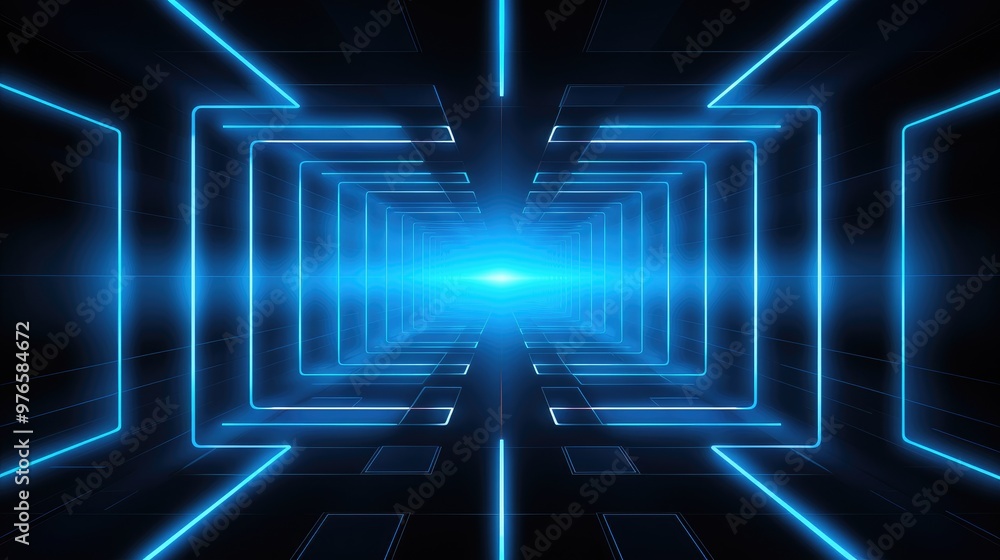 Abstract blue neon light tunnel with glowing lines and squares in black background. Abstract blue neon light tunnel with glowing lines and squares in black background.