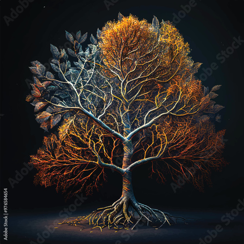 A full-length magic tree with branches and roots isolated on black background. Autumn yellow leaves. 