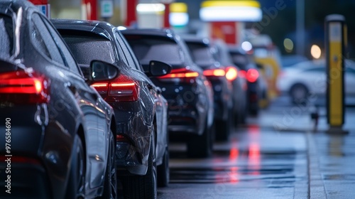 Cars Lined Up at Gas Station for Fuel During Day