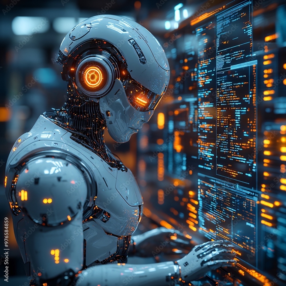 Fototapeta premium Futuristic Robot Coding on a Computer Screen