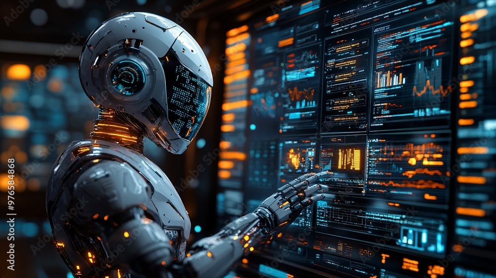 Futuristic Robot Analyzing Data on Multiple Screens Futuristic Robot Analyzing Data on Multiple Screens