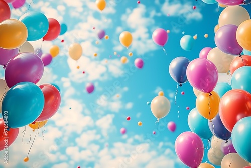 Colorful Balloons Floating in a Blue Sky with White Clouds photo