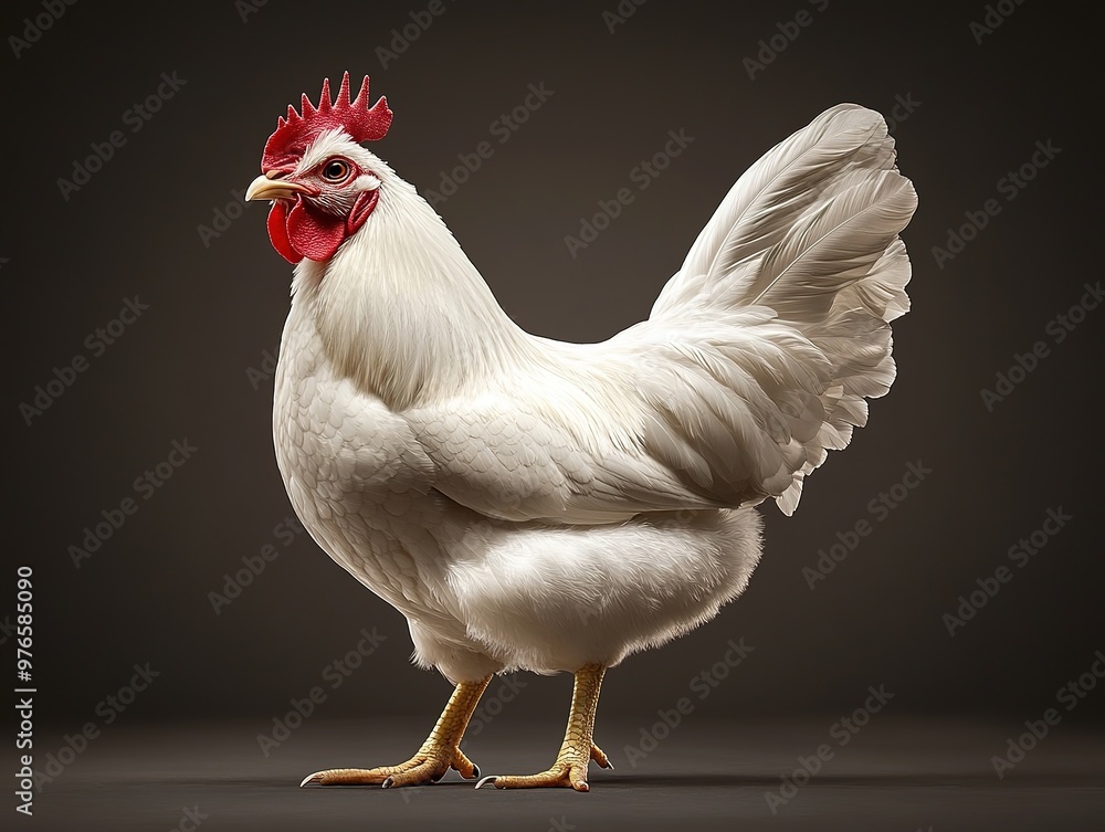 Fototapeta premium A fluffy white chicken stands on a dark background. .