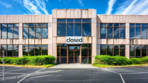 Wallpaper Mural shuttered corporate building with broken windows, overgrown parking lot, and a "closed" sign on the door, representing financial failure Torontodigital.ca