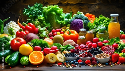 Vibrant display of fresh fruits, vegetables, and supplements embodying health, wellness, and a balanced lifestyle