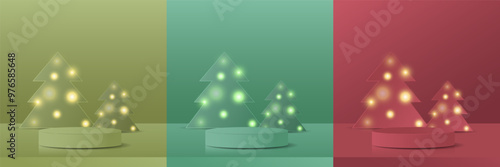 Set of Christmas podium with tree and light, vector illustration 
