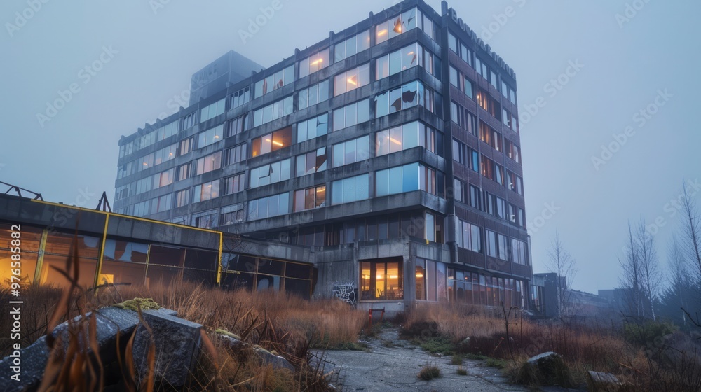 a large corporate building fading into a surreal fog, with broken windows and overgrown weeds, signifying the end of a business empire a large corporate building fading into a surreal fog, with broken windows and overgrown weeds, signifying the end of a business empire