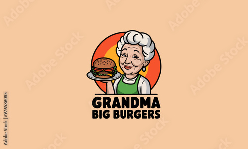 Grandma holding a big burger in a cute retro vector style