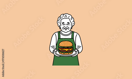 Grandma holding a big burger in a cute retro vector style