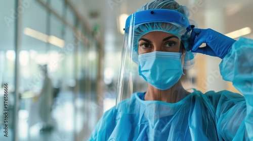 A nurse adjusting her PPE in a hospital setting.