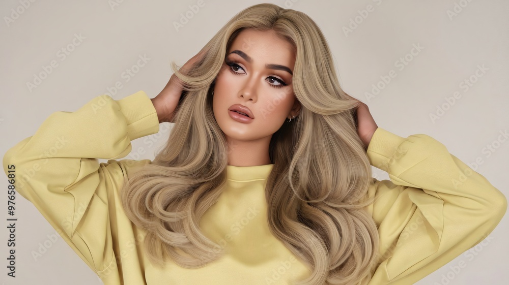 Beautiful Blonde Woman with Long Hair in Yellow Sweater Beautiful Blonde Woman with Long Hair in Yellow Sweater