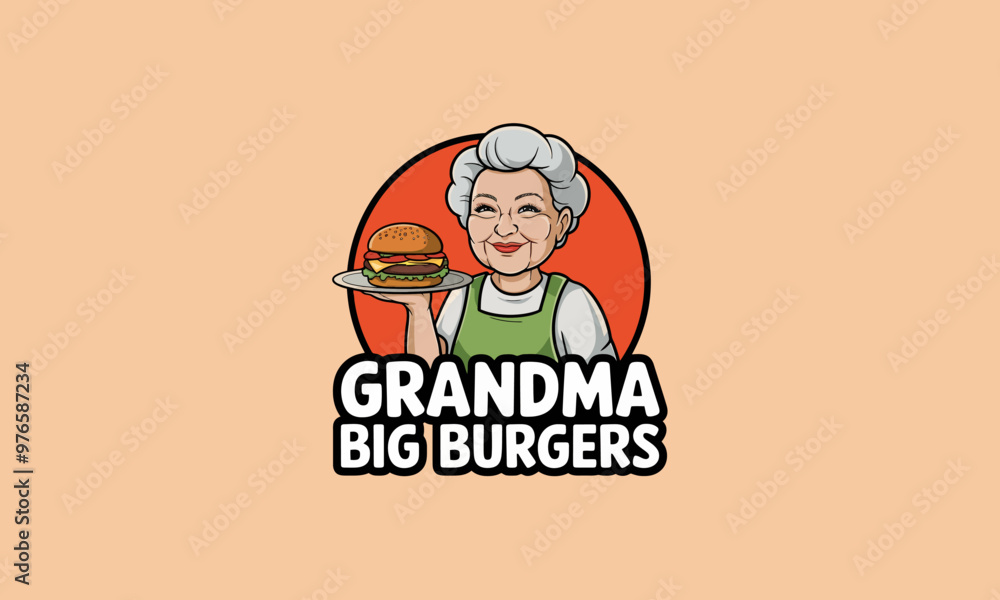 Grandma holding a big burger in a cute retro vector style Grandma holding a big burger in a cute retro vector style