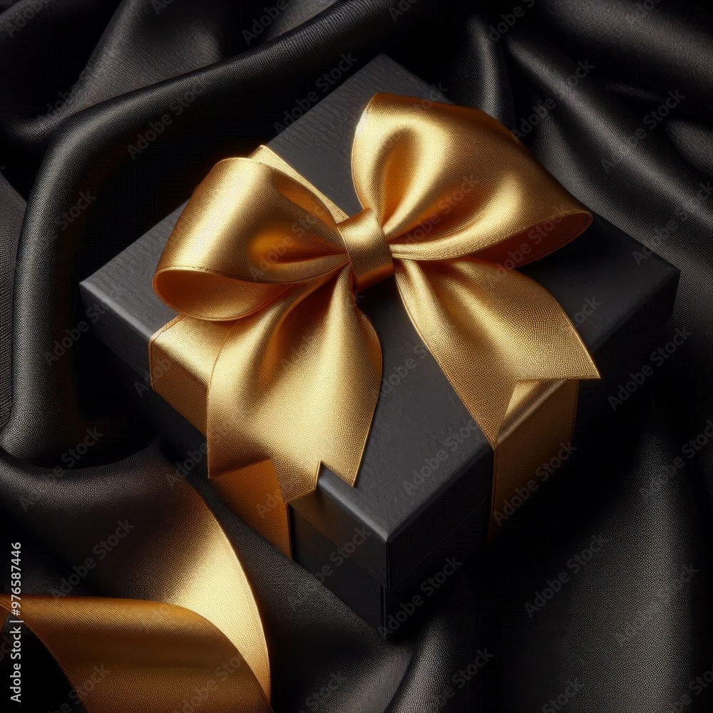 Golden ribbon bow on open black gift box resting on textured black silk fabric Golden ribbon bow on open black gift box resting on textured black silk fabric