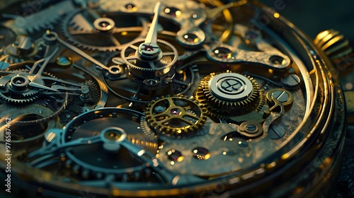 Intricate dismantled mechanical watch with detailed gears and springs on dark background, symbolizing precision and complexity in teardown analysis. photo