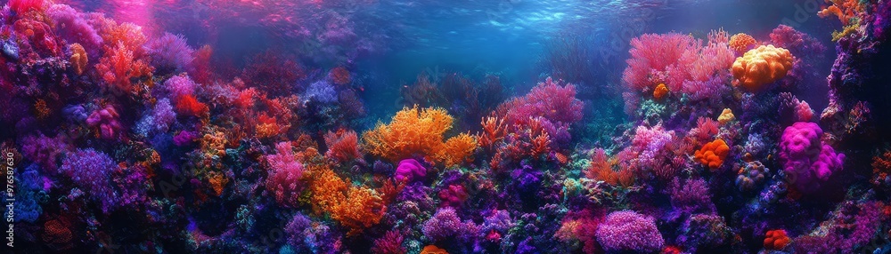 Obraz premium Vibrant Underwater Coral Reef Scene with Colorful Corals and Sunbeams