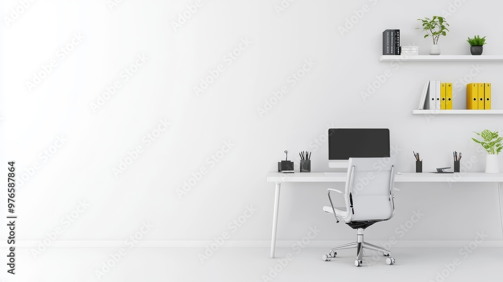 Modern minimalist office setup with a white desk, chair, and green accents. Concept of workspace organization, productivity, and interior design. Modern minimalist office setup with a white desk, chair, and green accents. Concept of workspace organization, productivity, and interior design.