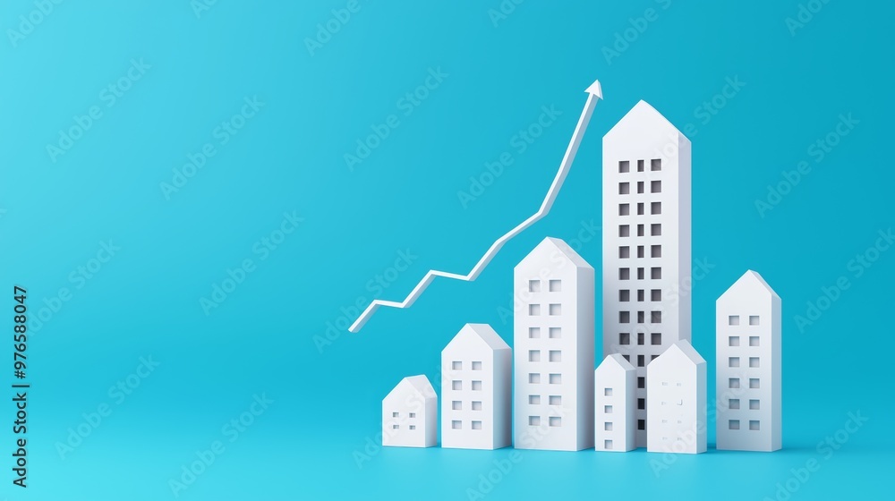 Fototapeta premium White buildings with an upward arrow on a blue background. Concept of real estate growth, success, and market trends.