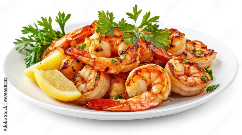 Grilled shrimps served on a white plate Grilled shrimps served on a white plate