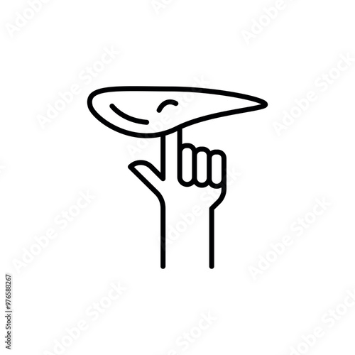 Pizza slice balancing on finger icon. Fun and quirky outline illustration of a pizza slice being balanced on a finger, ideal for culinary designs, restaurant branding. Vector illustration