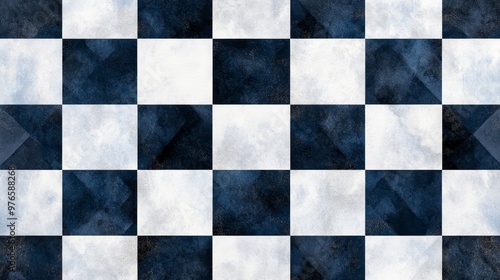 Watercolor Checkerboard Pattern Blue and White Grunge Texture