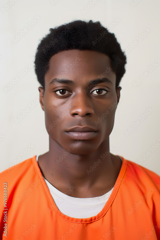 Prison mugshot of young African American man in orange jumpsuit Prison mugshot of young African American man in orange jumpsuit