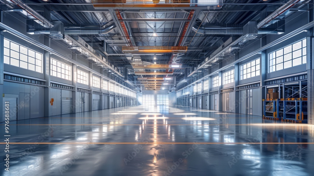 Industrial warehouse with a network of visible pipes and ducts, showcasing a large storage area and open space Industrial warehouse with a network of visible pipes and ducts, showcasing a large storage area and open space