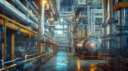 Modern factory interior with intricate network of exposed pipes and ventilation ducts, high-tech machinery