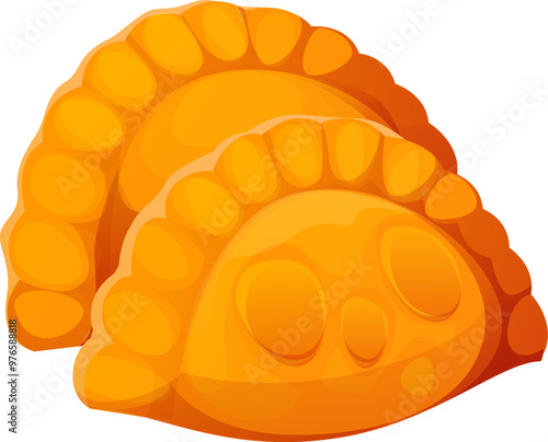 Cartoon Mexican empanadas, two golden, baked doughy empanada pockets with a crimped edge, delicious, crispy texture, filled with meat. Isolated vector traditional tex mex pastry, bakery food