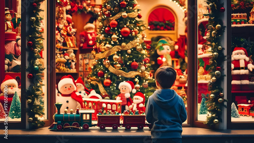 Back view of little boy looking into window of store decorated for Christmas. Child standing in front of magnificent showcase with toys, Santa Clause and train. Amazing Xmas gift shop for children