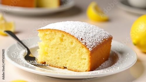 A slice of lemon cake with powdered sugar_