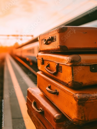 Vintage leather suitcases stacked at a train station warm golden sunset light nostalgic travel scene retro luggage wooden platform steam from train travel photography retro style vintage aesthetic tra photo