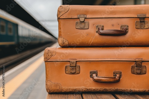 Vintage leather suitcases stacked at a train station warm golden sunset light nostalgic travel scene retro luggage wooden platform steam from train travel photography retro style vintage aesthetic tra photo